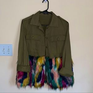SHEIN XS army green jacket with rainbow fur